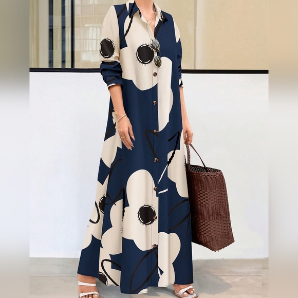 Dresses & Skirts - Women Long Sleeve Button Front Printed Mid-Length Casual Dress, Rand